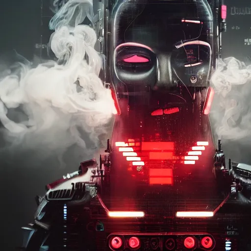 Prompt: a cyborg, cyberpunk, surrounded by smoke, award-winning art, black on red, highly creative, hyperrealistic, highly-detailed, by Sam Spratt, by Vlad Rodrig﻿u﻿e﻿z, computer screens in the background, trending on Artstation, dark, dramatic, cinematic, realistic studio lighting, realistic reflections, 4k, professional, canon