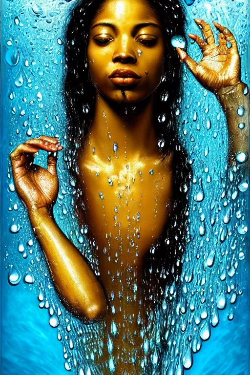 Image similar to hyper realistic precisionist cinematic very expressive! oshun goddess, in water! john everett millais, mirror dripping droplet!, gold flowers, highly detailed face, digital art masterpiece, smooth eric zener cam de leon, dramatic pearlescent turquoise light on one side, low angle uhd 8 k, shallow depth of field