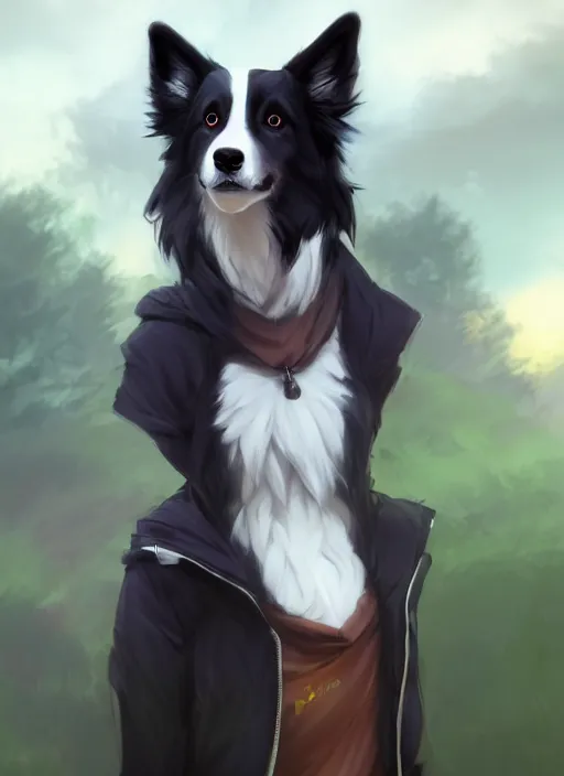 Prompt: wide angle beautiful full body portrait of a cute male anthropomorphic border collie fursona wearing a jacket in front of a park, character design by charlie bowater, henry asencio, and ross tran, furry art, furaffinity, scenic background, beautiful, glamor pose, detailed, trending on artstation