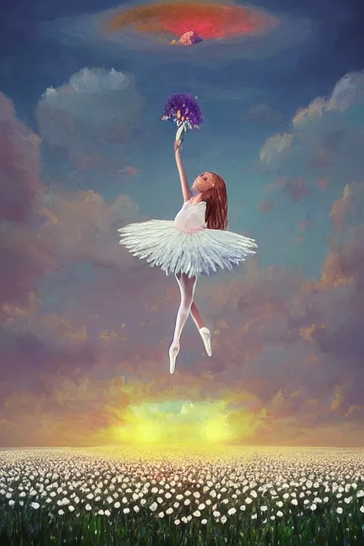 Image similar to giant white daisies flower as head, girl ballet dancing in a flower field, surreal photography, sunrise, dramatic light, impressionist painting, colorful clouds, digital painting, artstation, simon stalenhag