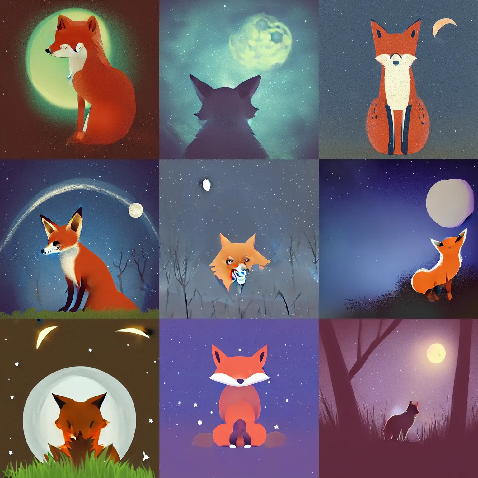 Prompt: “a fox sitting in the woods, looking up at the night sky. The moon shines brightly. digital art.”