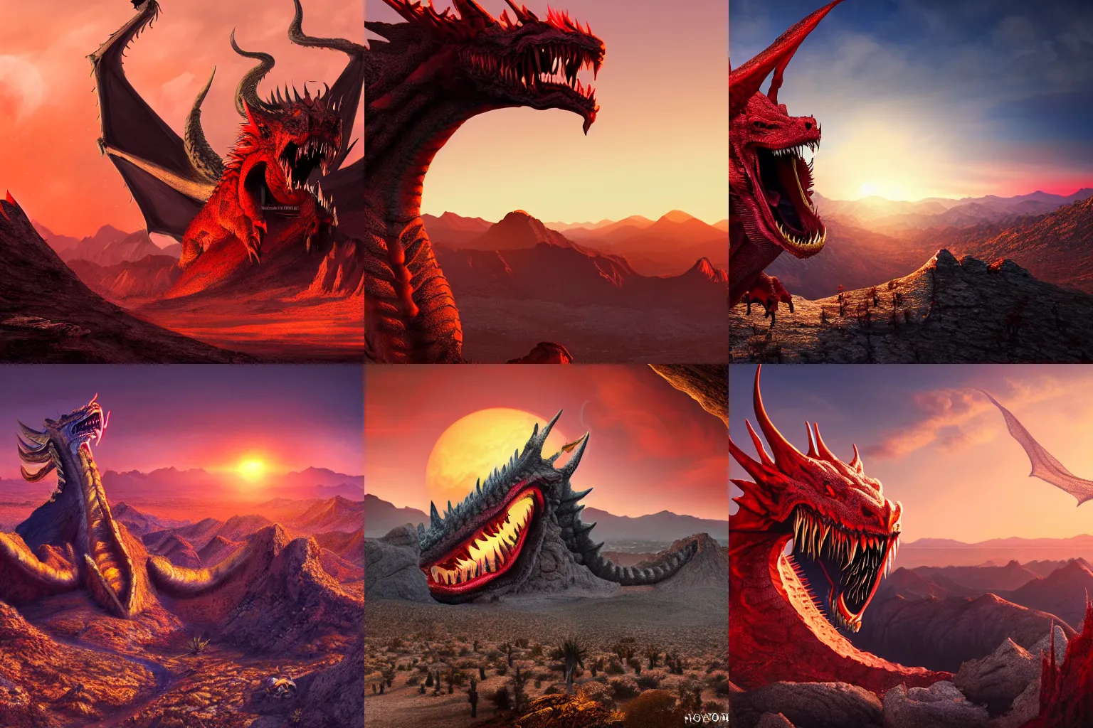 Prompt: gaping maw of a giant, roaring red dragon with long sharp teeth and horns, perched on a mountain top in the mojave desert at sunset. photorealistic fantasy art. highly detailed. 4 k. horror theme.