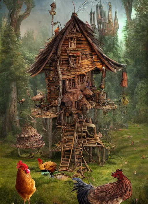 Prompt: highly detailed matte painting of the hybrid anthropomorphic baba yaga witch's shack sitting on top of very giant tall chicken legs with chicken feet, from the russian fairy tale, 8 k resolution, by android jones