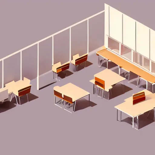 Image similar to isometric view of break room, clean, minimalist, light and shadows, octane render