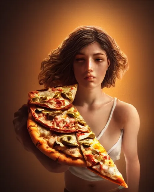 Image similar to Beautiful art portrait of statue of a female made of pizza, atmospheric lighting, intricate detail, cgsociety, hyperrealistic, octane render, RPG portrait, ambient light, dynamic lighting,