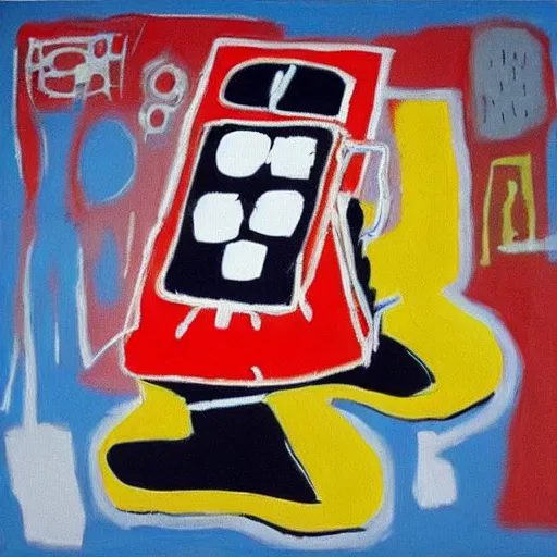 Image similar to basquiat oil painting of robot sneakers, balenciaga,