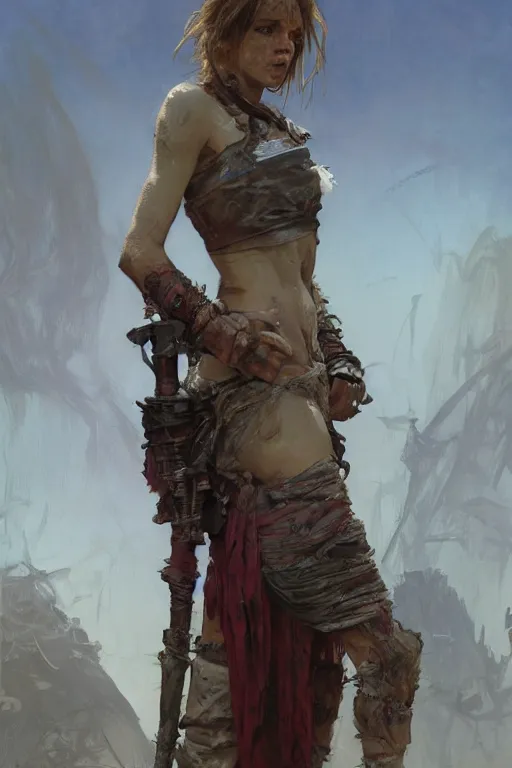 Image similar to a full body portrait of a beautiful post apocalyptic offworld butchers district bedouin blind pulp fiction scarlet wild rogue barbarian leper begging by the roadside, intricate, elegant, highly detailed, digital painting, artstation, concept art, smooth, sharp focus, illustration, art by krenz cushart and artem demura and alphonse mucha