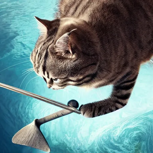 Prompt: viking cat sailing across the open sea. hyperdetailed photorealism. 1 0 8 megapixels, amazing detail, cinematic lighting