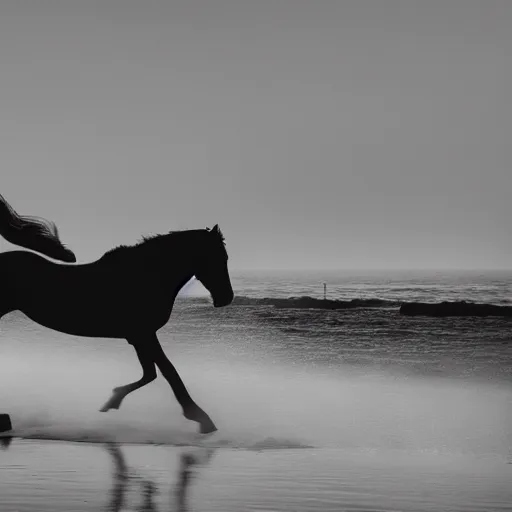 Image similar to a horse running in front of a sea, wievein its mane, on the beach, the sun is blowing up, smoke everywhere