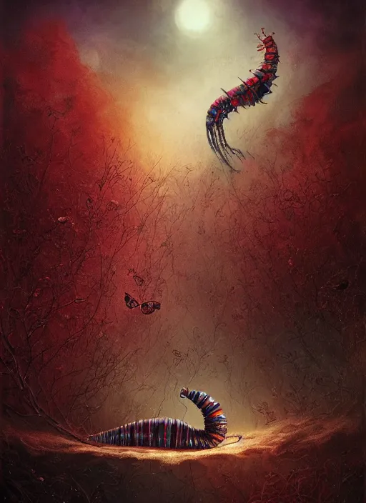 Image similar to the caterpillar, highly detailed, cinematic, 8 k, by megan duncanson, benjamin lacombe, adrian borda, stanley artgermm, tom bagshaw, craig mullins, carne griffiths, ayami kojima, beksinski, giger, trending on deviantart, hyper detailed, horror, full of colour