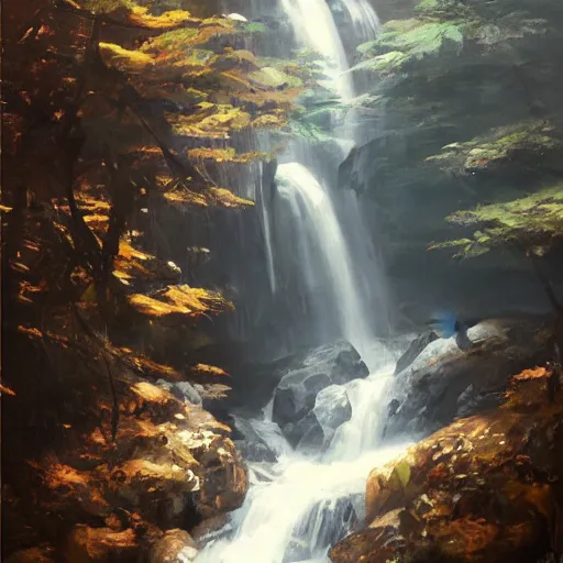 Image similar to Samurai robot resting in front of a waterfall inside a forest, oil painting, by Greg Rutkowski