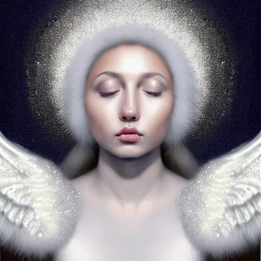 Image similar to highdetailed hyperrealistic painting of white angel in the hood lightning hands with silver sparkles!!!, giant silver ball on the chest!!!!!, 4 k hd fur face!!!, big wings, by jan van eyck, holography space, white sparkles everywhere, thin strokes, white monochrome color!!!!!, hyperrealism textures, soft