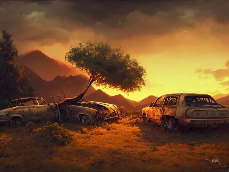 Image similar to low angle shot of tree growing inside scrap car in the foreground. overgrown. soft golden red sunset over the mountains in the background. clouds. detailed leaves. hyperrealistic, highly detailed, cinematic, beautiful, cgsociety, artstation, oil painting by greg rutkowski, by artgerm, by wlop