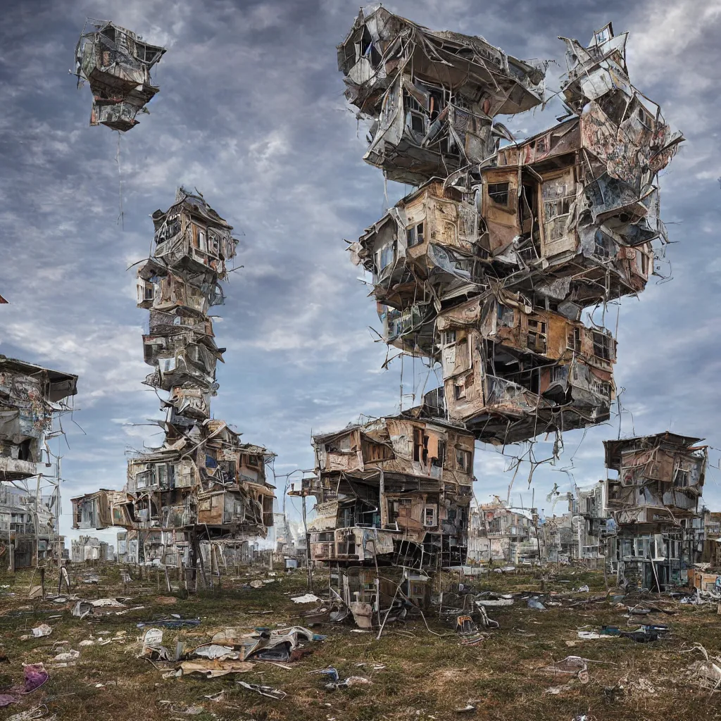 Image similar to a tower made up of makeshift squatter shacks, dystopia, sony a 7 r 3, f 1 1, fully frontal view, photographed by david lachapelle and jeanette hagglund, ultra detailed,