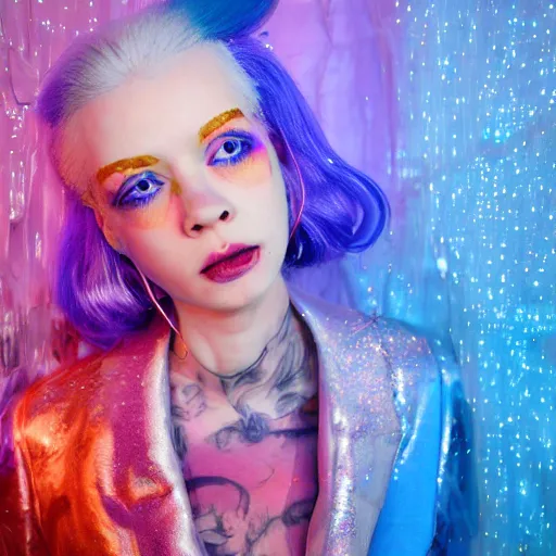 Image similar to a close - up risograph of cyberpunk albinism model girl wearing lots of transparent and cellophane accessories, light blue colors, huge earrings and queer make up, blue hour, oversaturated, hue - shifted, twilight, cool, portrait, crispy, full - shot, blue sky, kodachrome, photo by mayumi hosokura