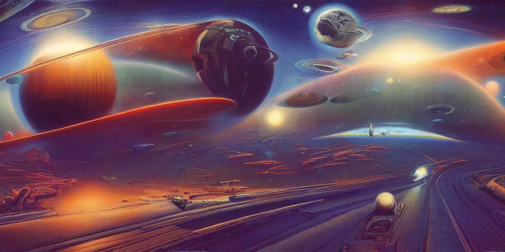 Prompt: intergalactic highway, rush hour in space, bruce pennington, h r giger, rene magritte, vibrant colors, gorgeous lighting, highly detailed, 4, 4 k rtx hdr volume light concept studio matte painting environement digital