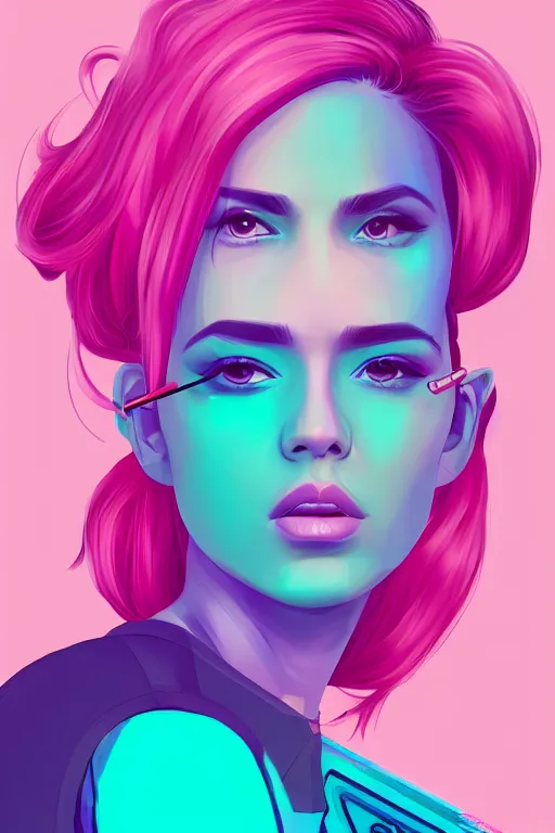 Image similar to a award winning half body portrait of a beautiful woman in a croptop and cargo pants with ombre purple pink teal hairstyle with head in motion and hair flying, outrun, vaporware, flat illustration, digital art, trending on artstation, highly detailed, fine detail, intricate