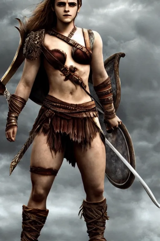 Image similar to Emma Watson as Kratos, brutal, detailed realistic, photorealistic, full body