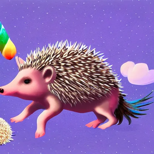 Image similar to a hedgehog riding on a unicorn, digital painting realism