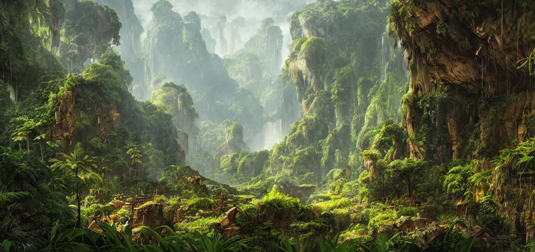 Image similar to the lost valley, rock arcs, lush vegetation, exotic forrest and plants, landscape, alex ross, eddie mendoza, raphael lacoste, sebastian ludke, concept art, matte painting, highly detailed, rule of thirds, dynamic lighting, cinematic, detailed, magnificiant landscape, denoised, centerd