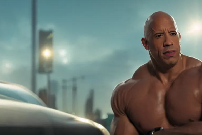 Image similar to vin diesel as dwayne johnson flexing and yelling let's go!, fast furious, low perspective, isometric perspective, cinematic still, movie still, long lens, shallow depth of field, bokeh, anamorphic lens flare, 8 k, hyper detailed, 3 5 mm film grain