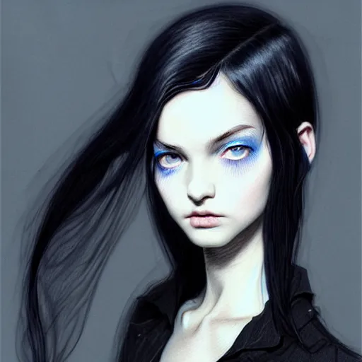 Image similar to pen and ink sketch of english teenage girl with black hair, china blue eyes, pale glowing skin, beautiful sinister features, rich and evil, elegant fashion model, fantasy, intricate, elegant, dress shirt and tie, highly detailed, digital painting, artstation, concept art, smooth, sharp focus, illustration, art by Krenz Cushart and Artem Demura and alphonse mucha, black and white