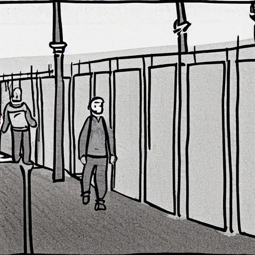 Image similar to storyboard frame of pov of a man walking on the berlin wall