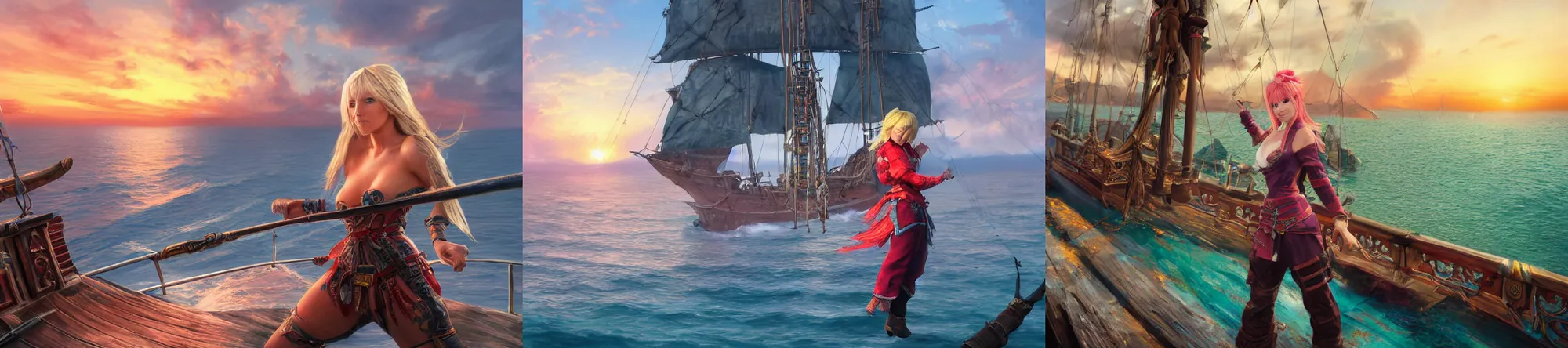 Prompt: A wide shot, vibrant photo of Lyse Hext by David Silis,kung fu pose,outdoors,sunset photo aboard a pirate ship,Final Fantasy XIV,telephoto lens,sigma 500mm f/5,extremely detailed,concept art,in the style of mike dargas,photorealistic,8k