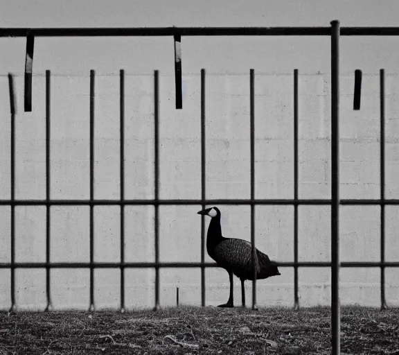 Image similar to Joachim Brohm photo of 'canada goose perched behind jail bars', high contrast, high exposure photo, monochrome, DLSR, grainy, close up