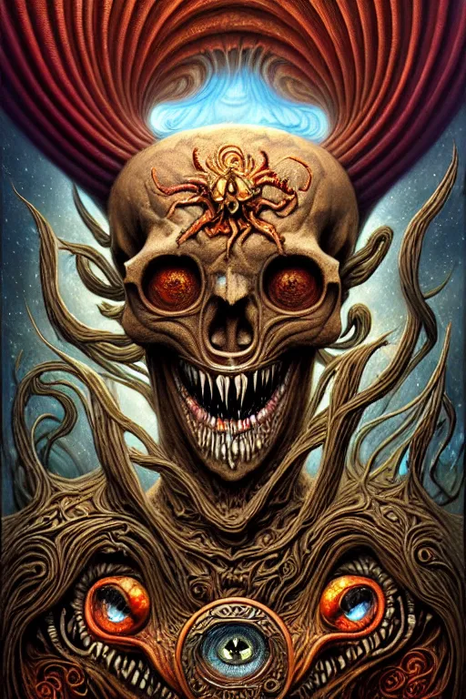 Prompt: A beautiful detailed grotesque monster super cute tarot card, by tomasz alen kopera and Justin Gerard, symmetrical features, ominous, magical realism, texture, intricate, ornate, royally decorated, skull, skeleton, whirling smoke, embers, red adornements, red torn fabric, radiant colors, fantasy, trending on artstation, volumetric lighting, micro details, 3d sculpture, ray tracing, 8k, anaglyph effect