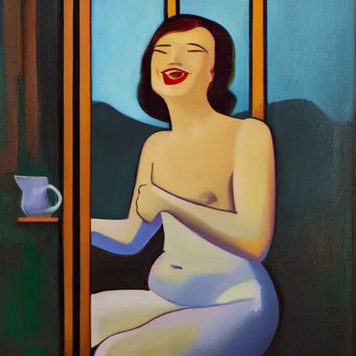 Image similar to oil painting of woman smiling with her eyes closed as she bathes in milk, evening moody lighting from art deco window