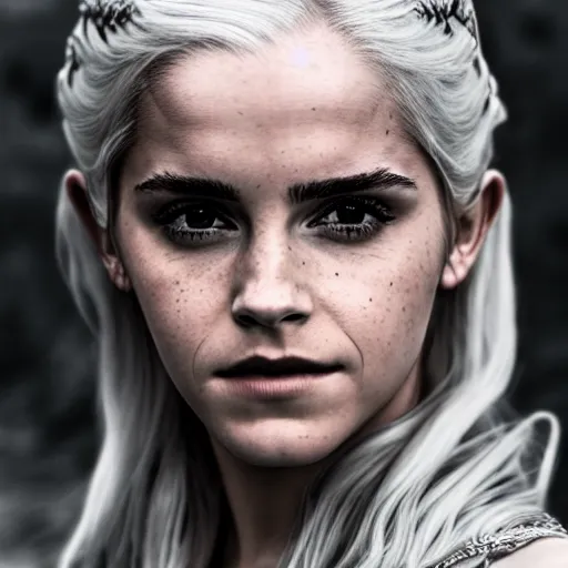 Image similar to Emma Watson full shot modeling as Daenerys Targaryen From Game of Thrones, (EOS 5DS R, ISO100, f/8, 1/125, 84mm, postprocessed, crisp face, facial features)