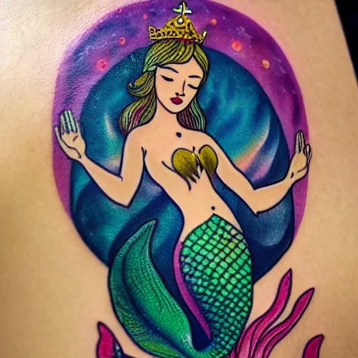 Image similar to a peaceful meditative mermaid wearing a crown, full body, highly detailed new school pinup tattoo design