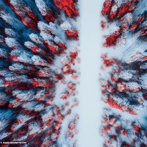 Image similar to an award - winning aereal photo of a red river, with a snowy white mountain and ice, drammatic lighting, drone, ƒ / 8, behance