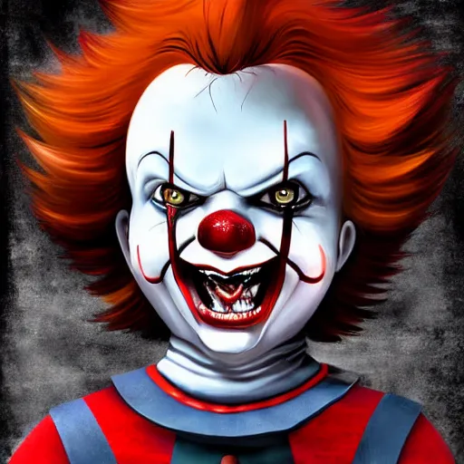 Prompt: pennywise chucky style, digital art, illustration, well detailed