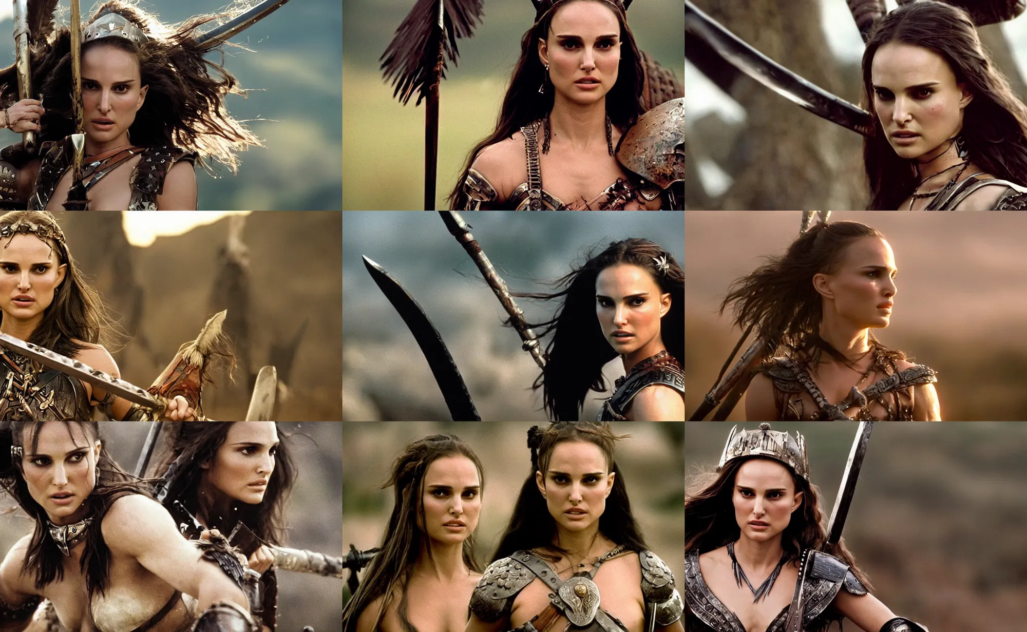 Prompt: epic photo of natalie portman as beautiful barbarian warrior queen with long straight black hair blowing in the wind in a battle scene, sweaty, detailed eyes, neutral expression, shallow depth of field, photorealistic, cinematic lighting, lovely bokeh, warm colours, sunset south, strong rim light, movie quality, willow 1 9 8 5, movie still