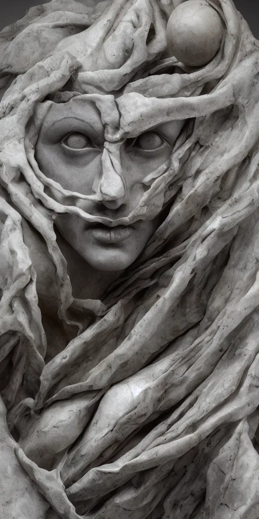 Image similar to a sculpture made out of marble!!! different realm, cinematic, dark fantasy, acrylic palette knife, high detail, hyper realism, ray tracing, 4 k resolution, 8 k resolution, full hd, by michelangelo