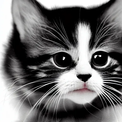 Image similar to black and white drawing of a baby kitten, floating head, white background