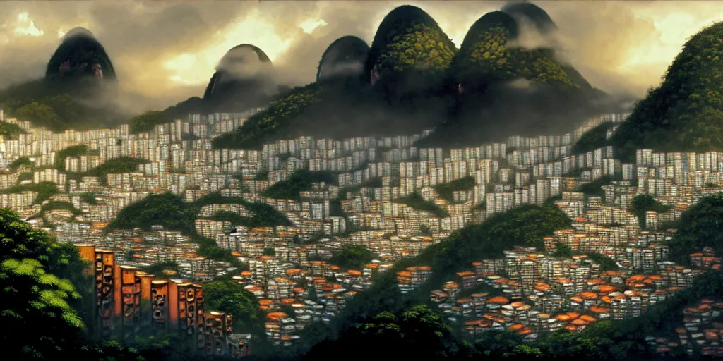 Prompt: slums in rio, favela with jungle behind and mountains, rio de janeiro, wangchen-cg, 王琛, Neil blevins, Denis Sarazhin, matte painting, greg rutkowski, thomas kinkade, Artoast8P, Trending on artstation. 4k symmetrical features, ominous, magical realism, texture, intricate, ornate, royally decorated, house frame, nails, whirling smoke, embers, red adornements, red torn fabric, neon lights, urban street, trending on artstation, volumetric lighting, micro details, 3d sculpture, ray tracing, 8k