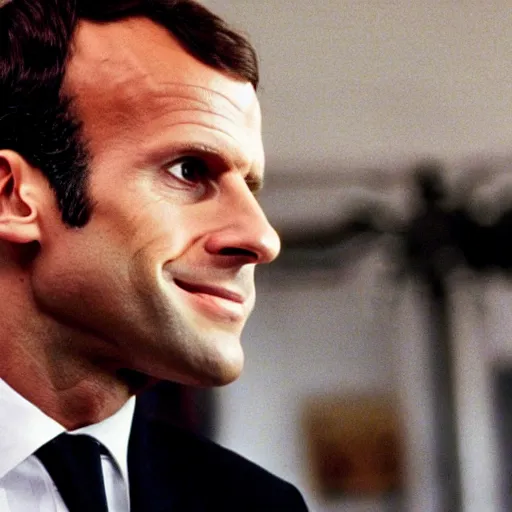 Prompt: Emmanuel Macron doing a hold up in American Psycho (1999)