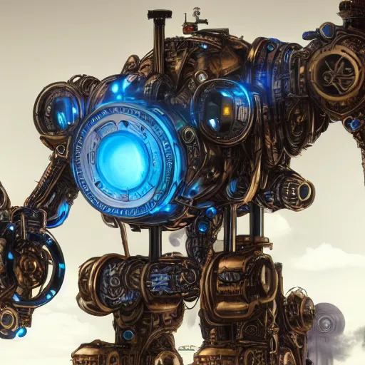 Image similar to colossal steampunk mech with blue piping enveloping its entirety, 4 k photorealism, trending on artstation, 4 k quality