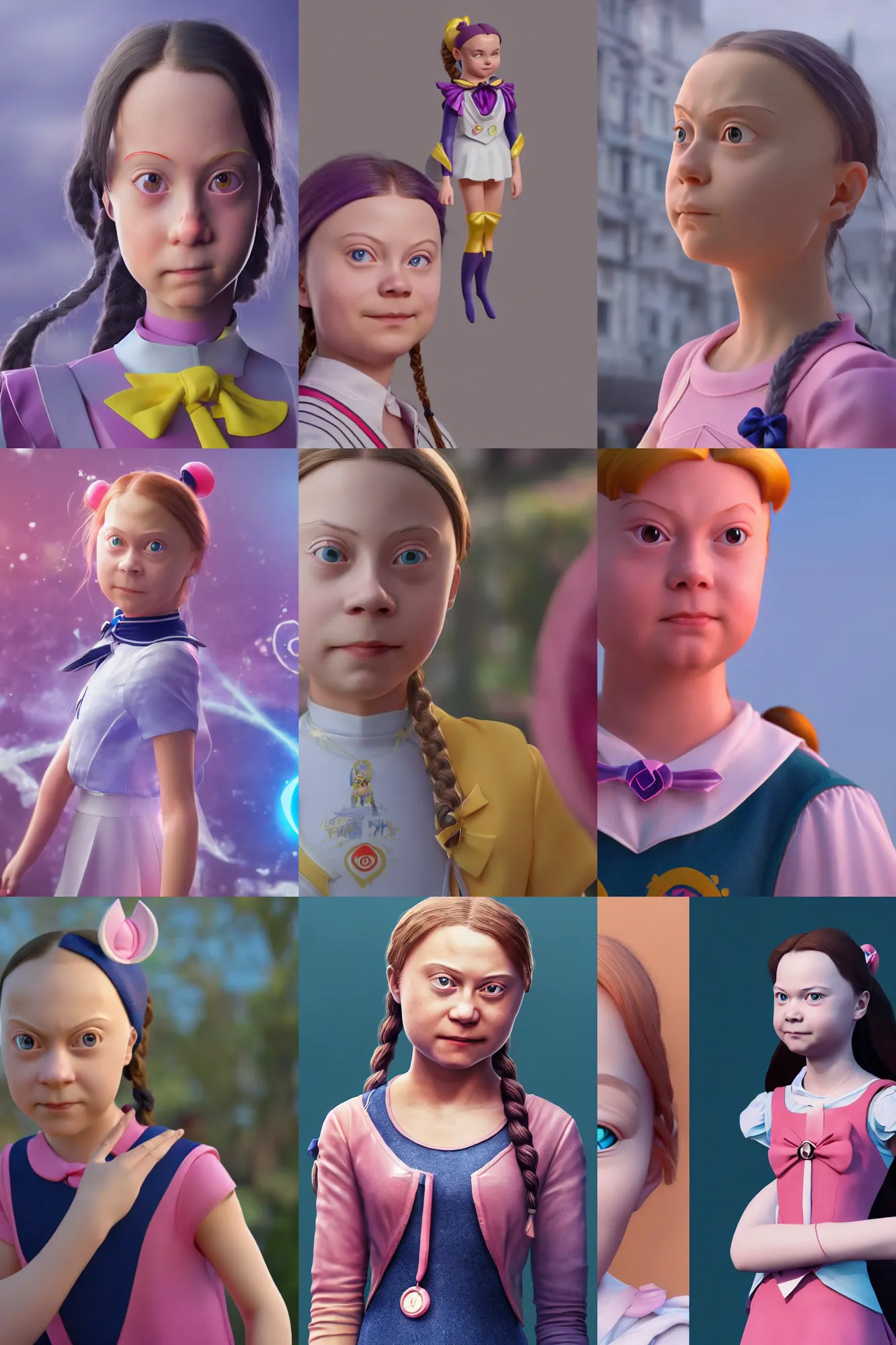 Prompt: Greta Thunberg transforms into Sailor Moon, ultrarealistic and highly detailed, sharp focus and octane render for smooth appearance, 8k, volumetric lighting