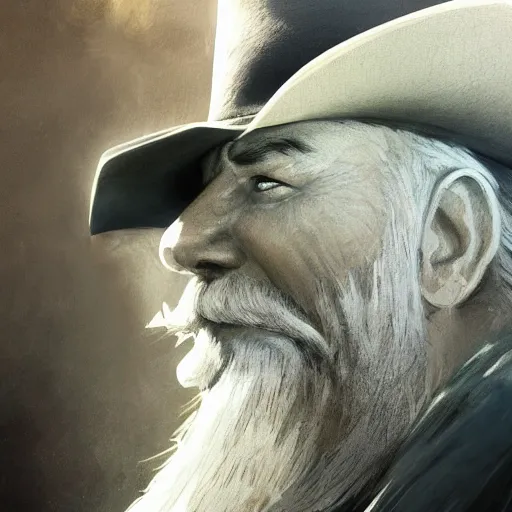 Image similar to cowboy, old, white beard, wrinkles, handsome, action pose, katana, profile, intricate, detailed, volumetric lighting, scenery, digital painting, highly detailed, artstation, sharp focus, illustration, concept art, ruan jia, steve mccurry