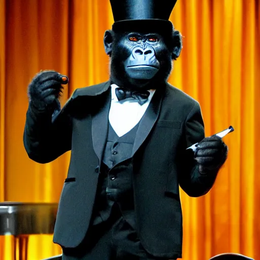 Image similar to a gorilla wearing a tuxedo and top hat while performing magic on a stage in Las Vegas