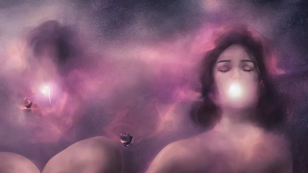 Image similar to whimsical, a beautiful playful woman, wearing professional makeup, standing in a lake, blowing trippy smoke, under the stars, with a binary black hole with a ring in the sky, by Lois van Baarle, by Greg Rutkowski, by Ilya Kuvsninov, cinematic angle, face enhance, volumetric lighting, cinematic lighting, digital art, 4k resolution, octane render, trending on artstation, masterpiece