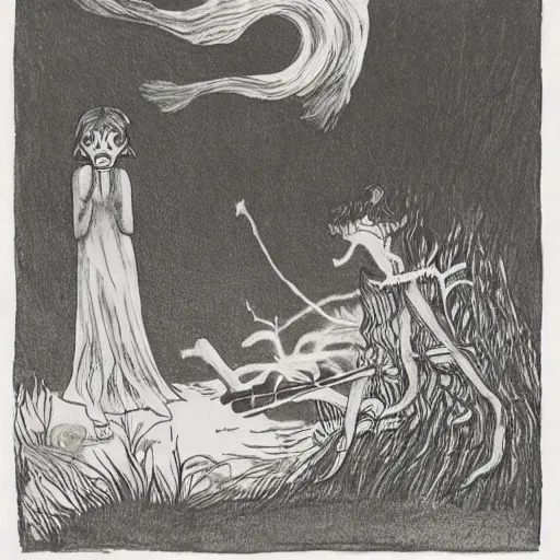 Image similar to limbo, hades, underworld, wind kissed ( ( ( ( picture ) ) ) ), ashes, lament, by maurice sendak, edward gorey, charles addams