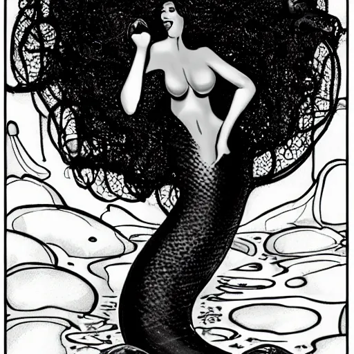 Prompt: a black mermaid by Haddon Sundblom