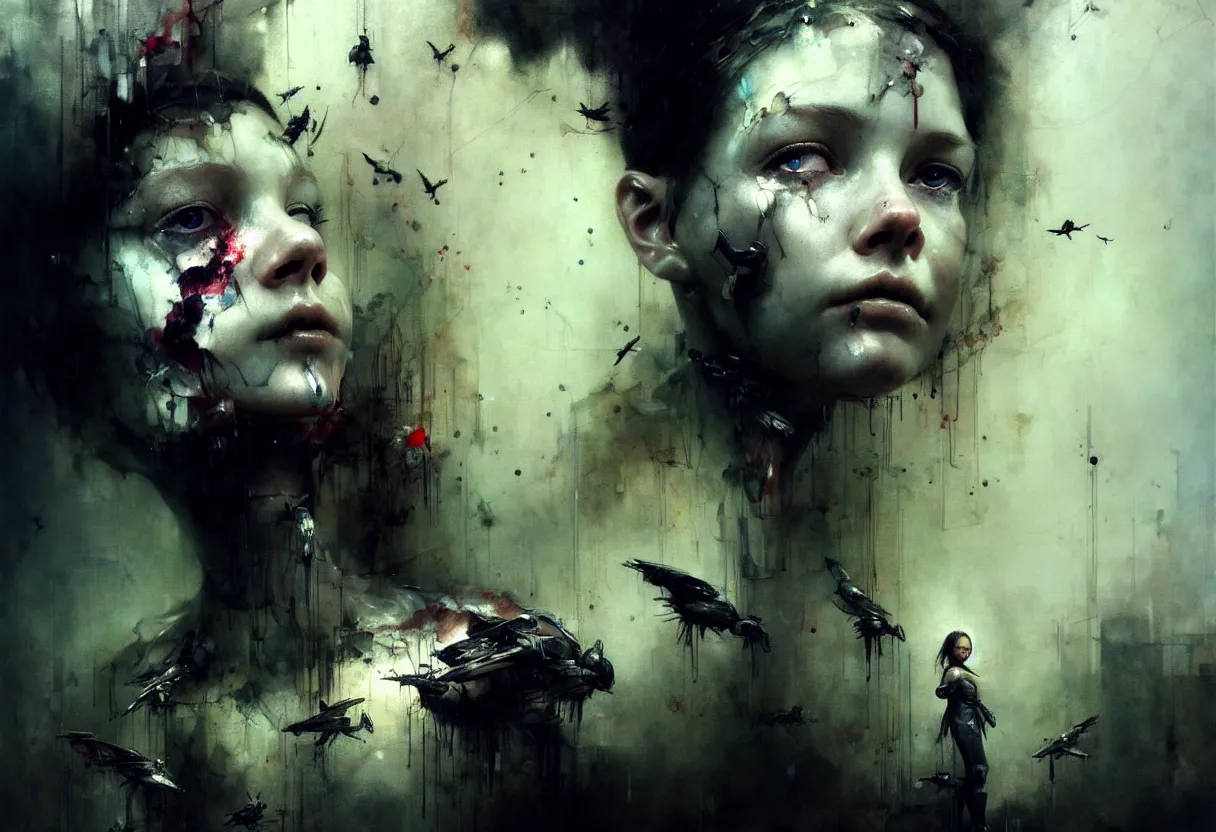 Image similar to beautiful young girl pensive cyborg face, surrounded by small robot birds, matte painting, by emil melmoth zdzislaw beksinki craig mullins yoji shinkawa realistic render ominous detailed photo atmospheric by jeremy mann francis bacon and agnes cecile