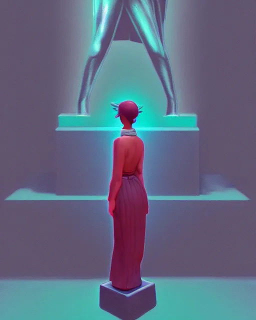 Image similar to a painting of a woman standing in front of a statue, a screenshot by stanley twardowicz, cgsociety, aestheticism, aesthetic, vaporwave, anime aesthetic