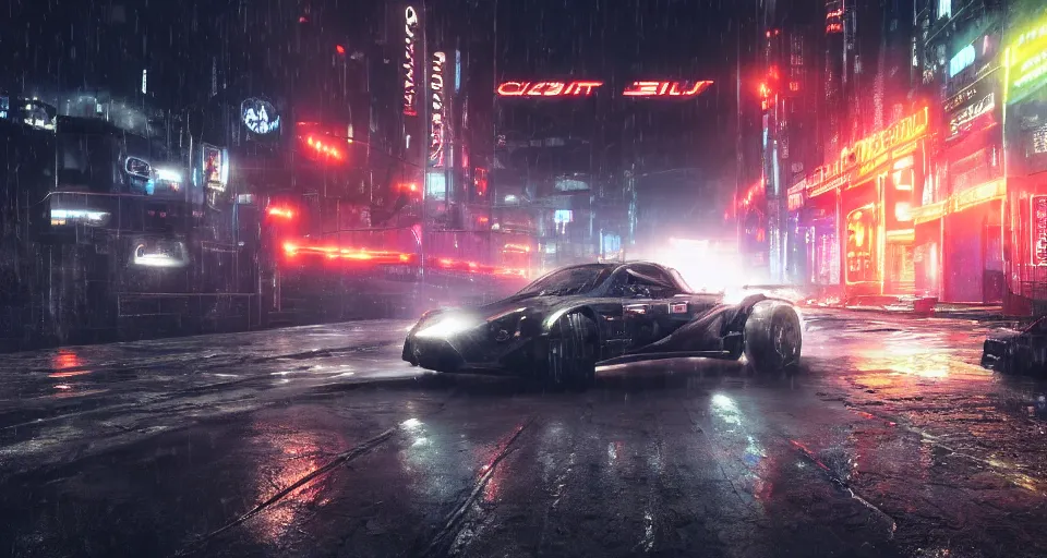 Prompt: closeup photo of combat tesla cybertruck flying over wet dystopian cyberpunk city streets at night, mad max, action, speed, volumetric lighting, hdr, need for speed, gta 5, forza, ridley scott, makoto shinkai, syd mead, craig mullins, cinematic, fast and furious, blade runner, octane, 8 k, iso 1 0 0, 1 2 mm